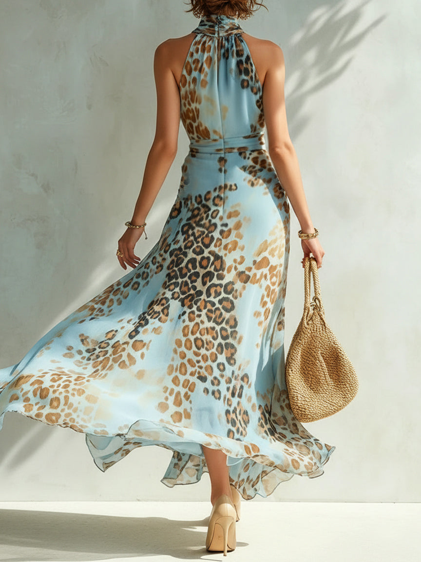 Vestido Maxi Gasa Estampado Leopardo Azul