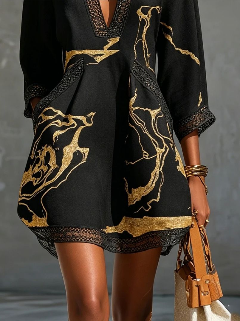 Moretti™ Mini Vestido Negro Mármol Dorado Encaje Crochet