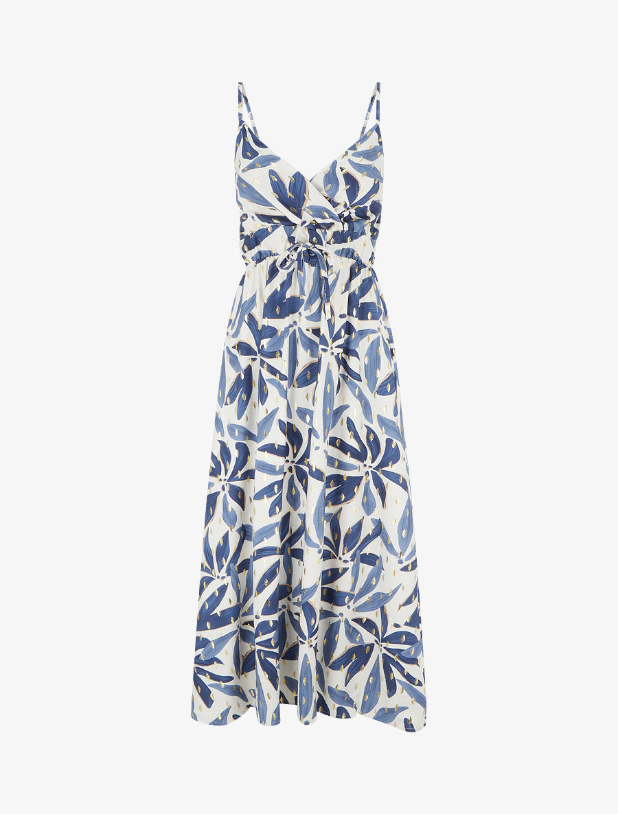Vestido Largo con Estampado Estilizado y Detalles Brillantes - Azul