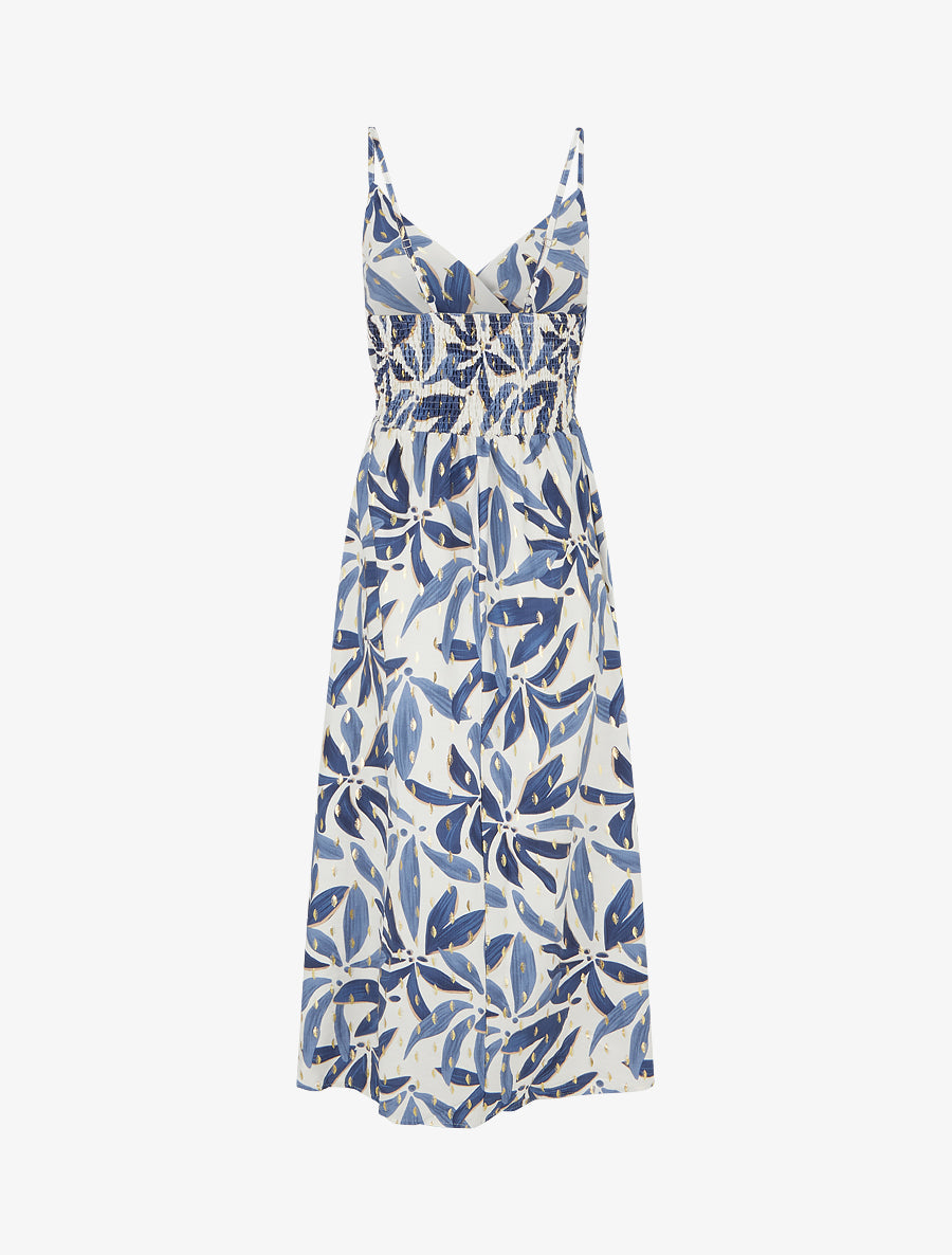 Vestido Largo con Estampado Estilizado y Detalles Brillantes - Azul