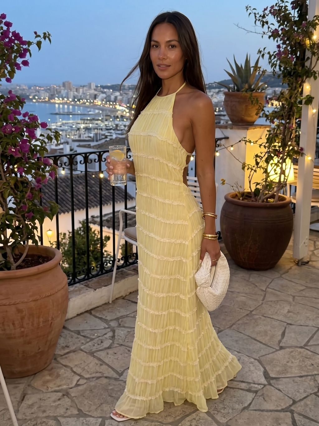 Angela Vestido Largo Halter con Volantes
