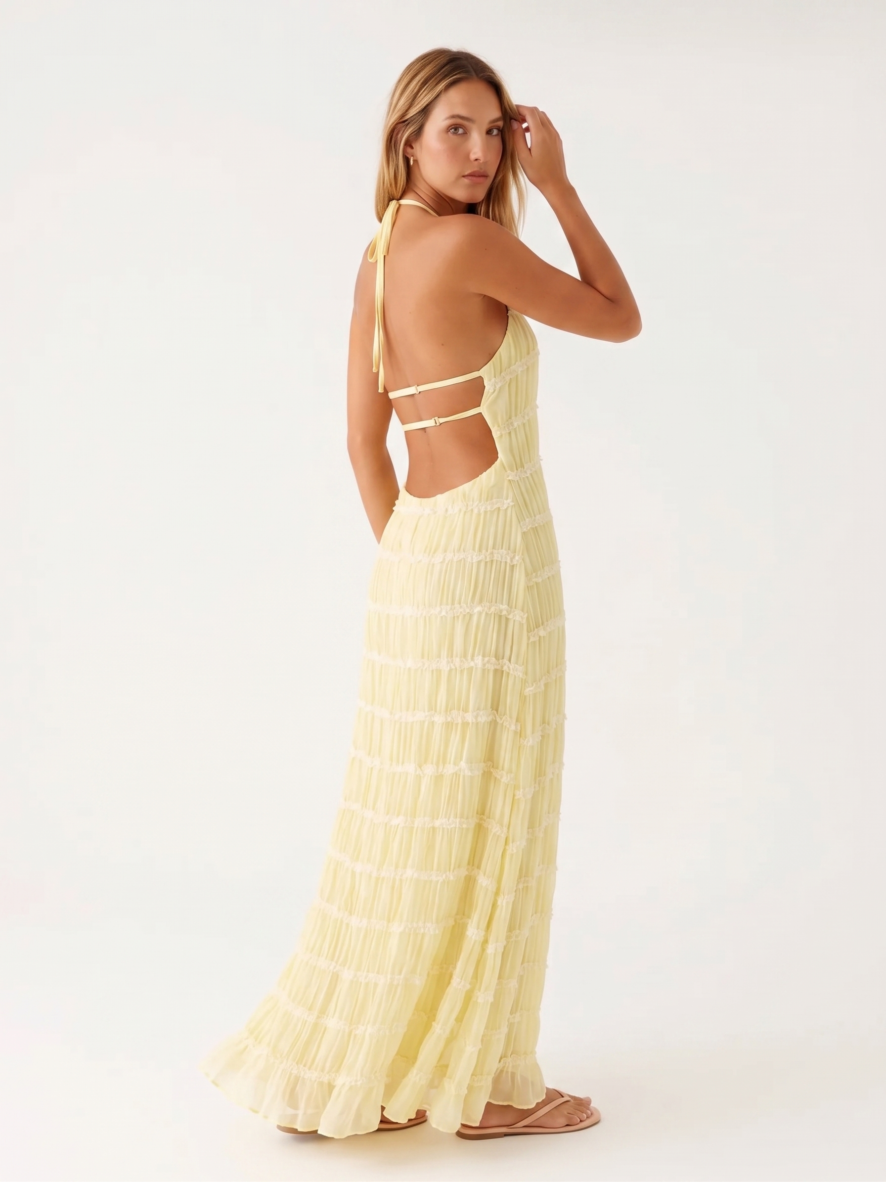 Angela Vestido Largo Halter con Volantes