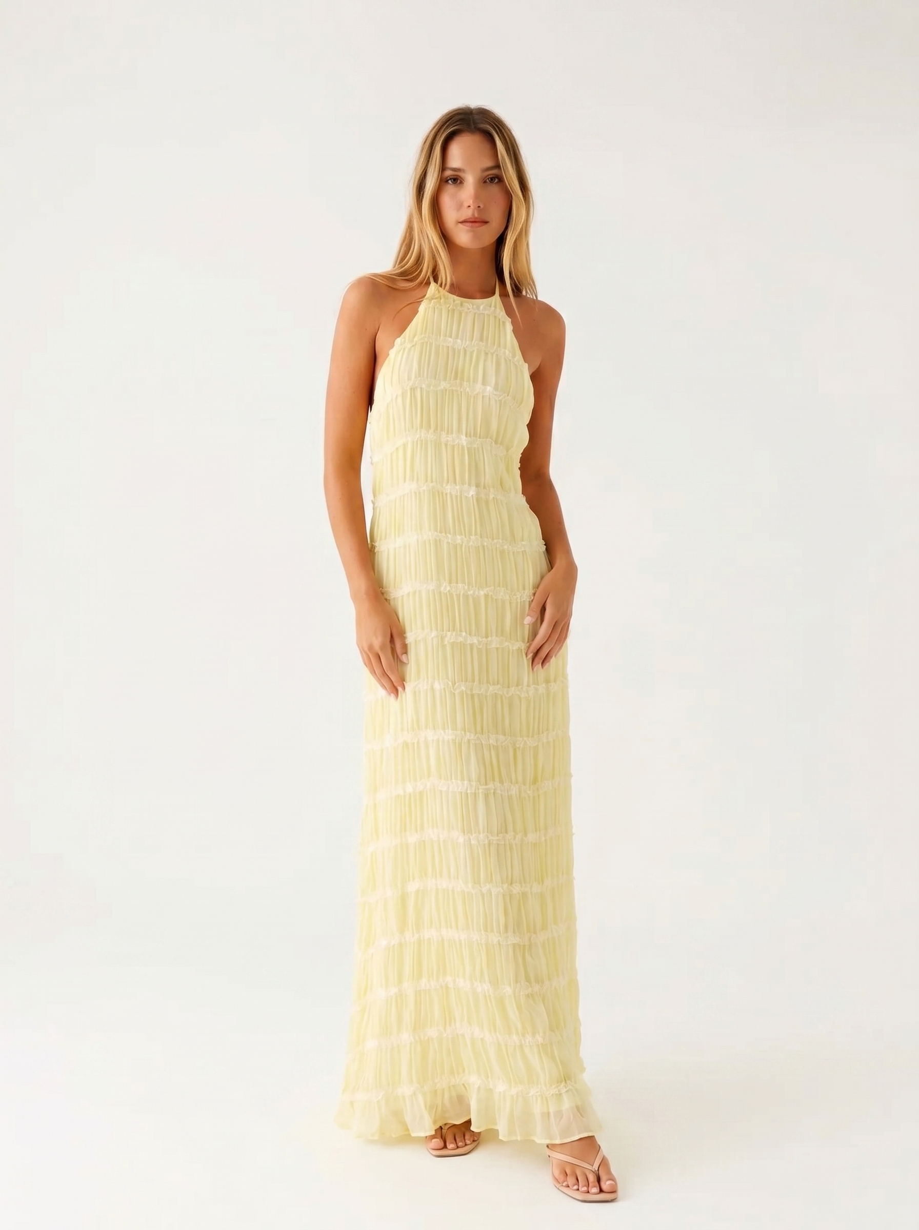 Angela Vestido Largo Halter con Volantes