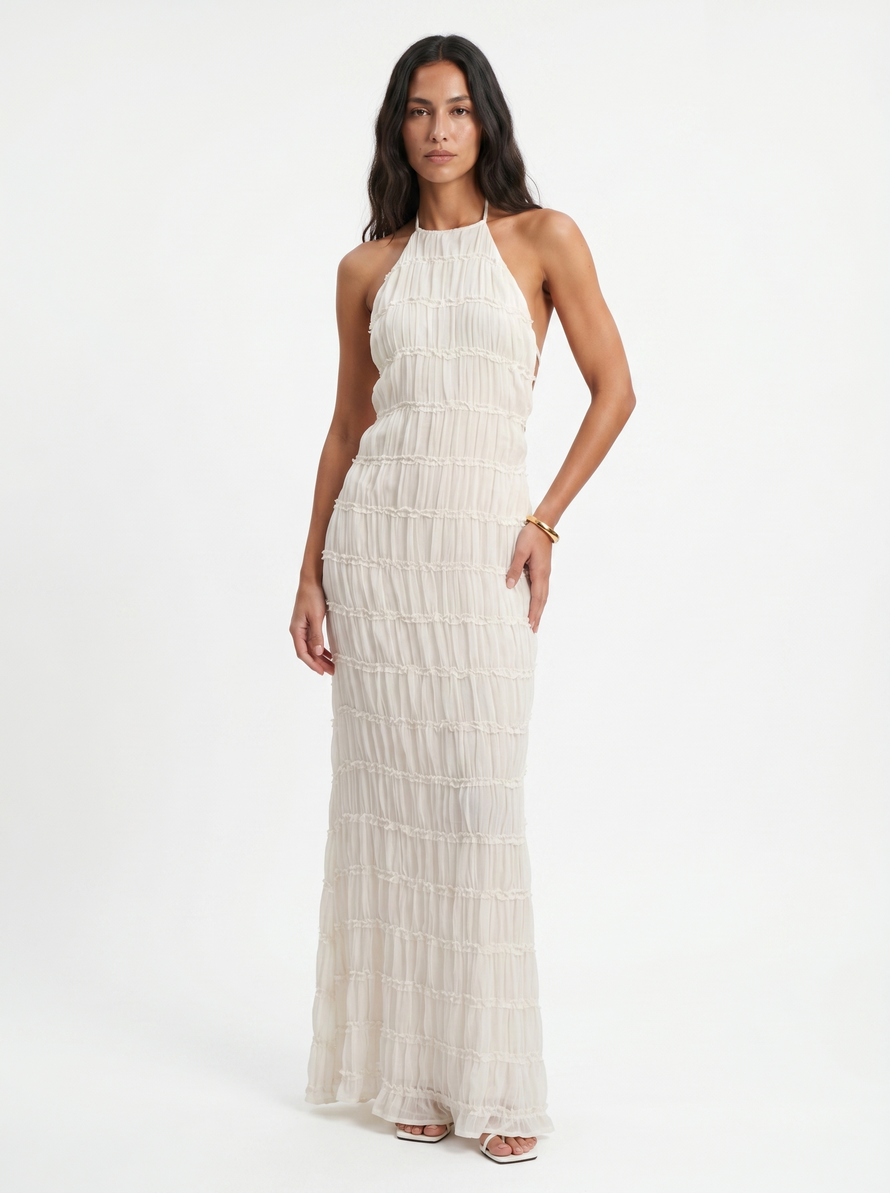 Angela Vestido Largo Halter con Volantes