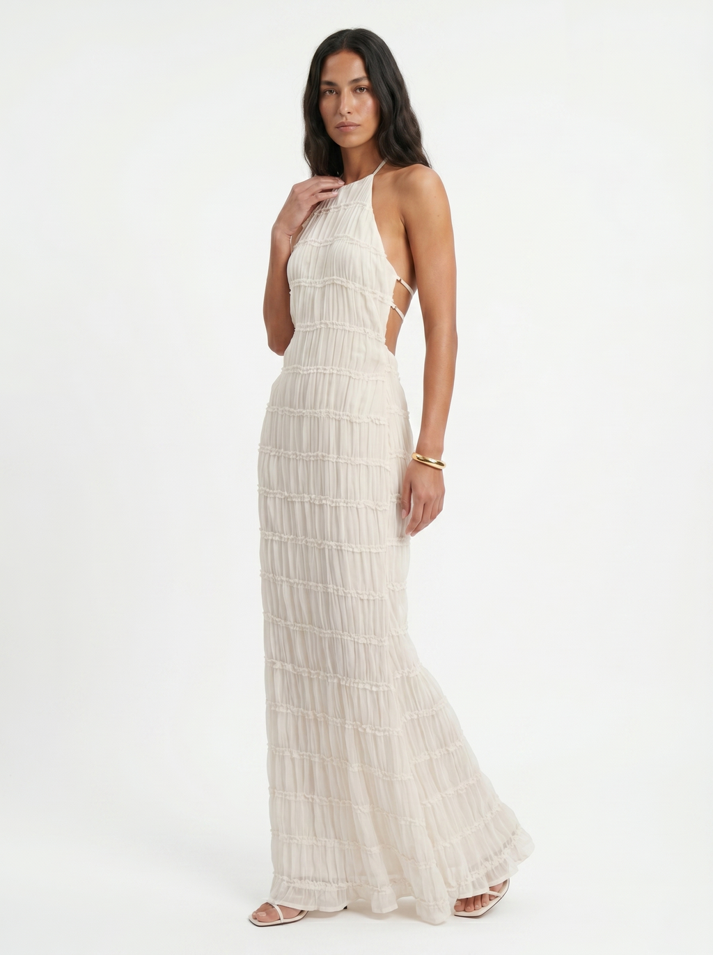 Angela Vestido Largo Halter con Volantes