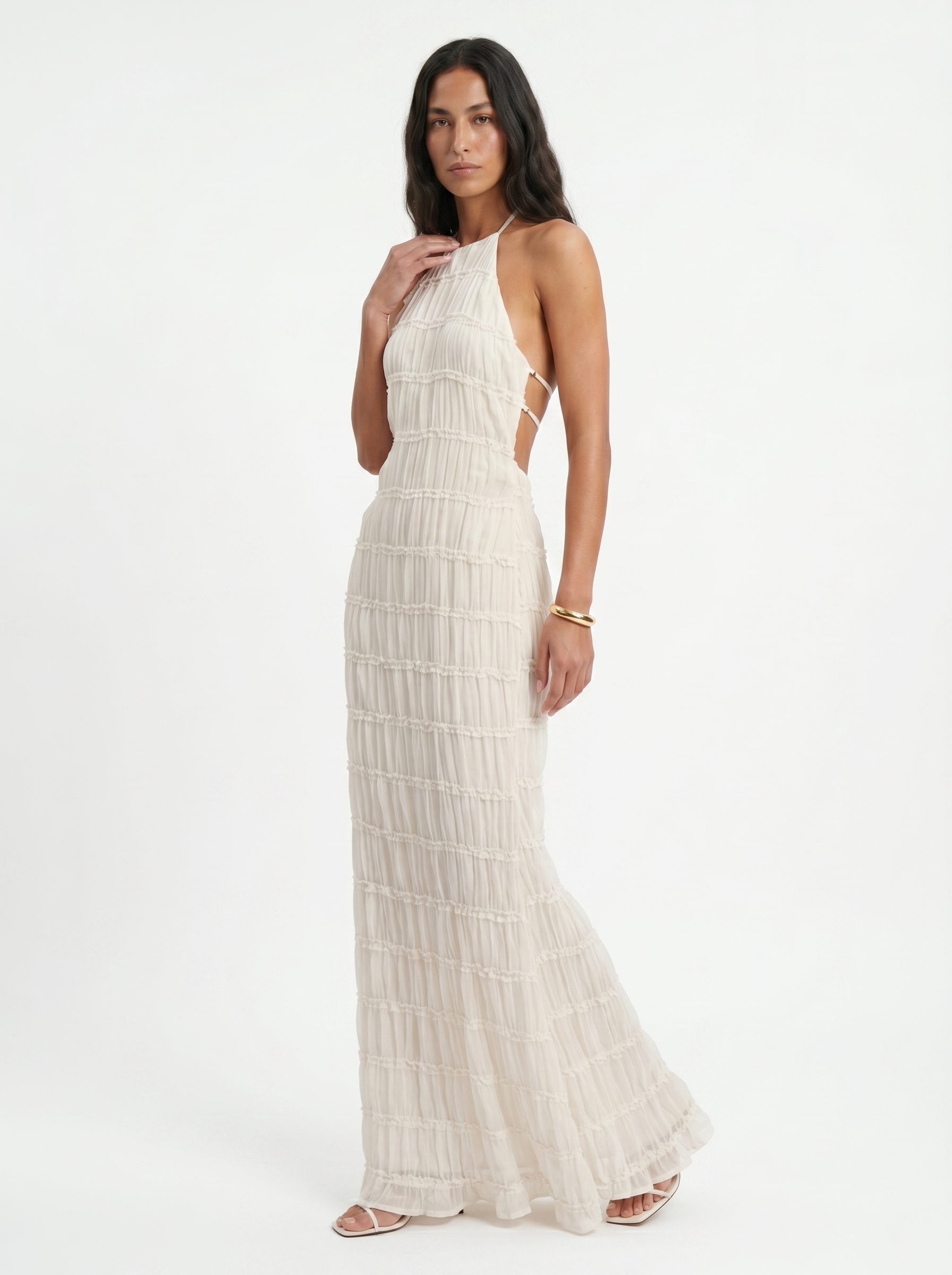 Angela Vestido Largo Halter con Volantes