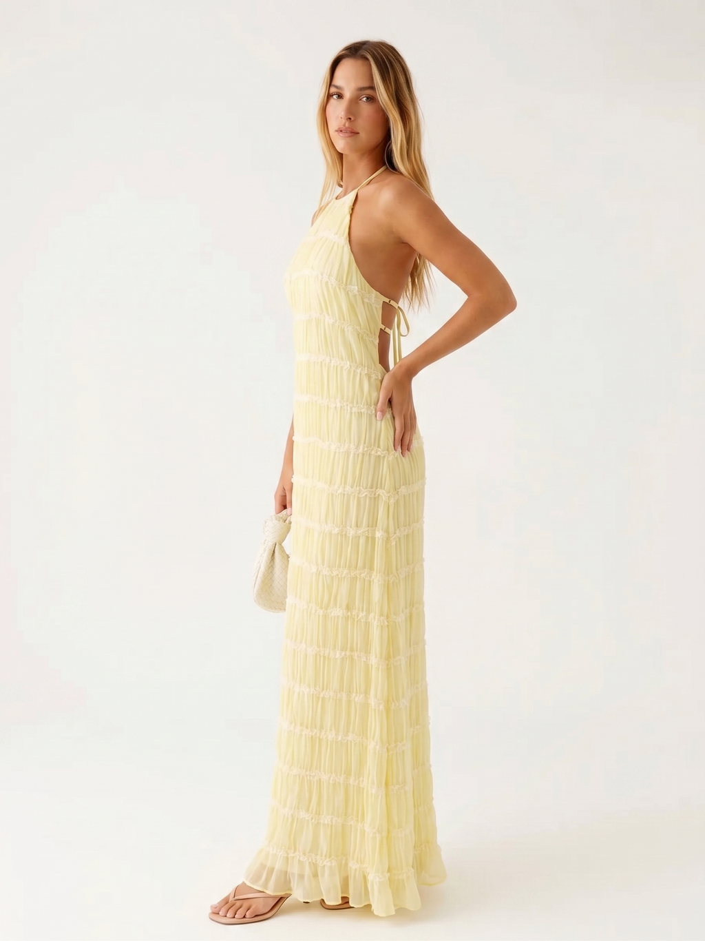 Angela Vestido Largo Halter con Volantes