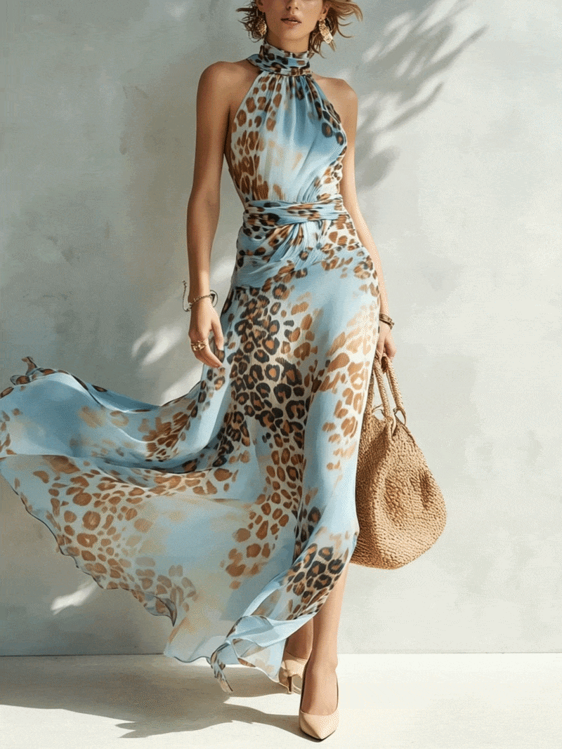 Vestido Maxi Gasa Estampado Leopardo Azul