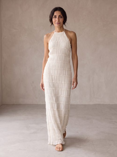 Angela Vestido Largo Halter con Volantes