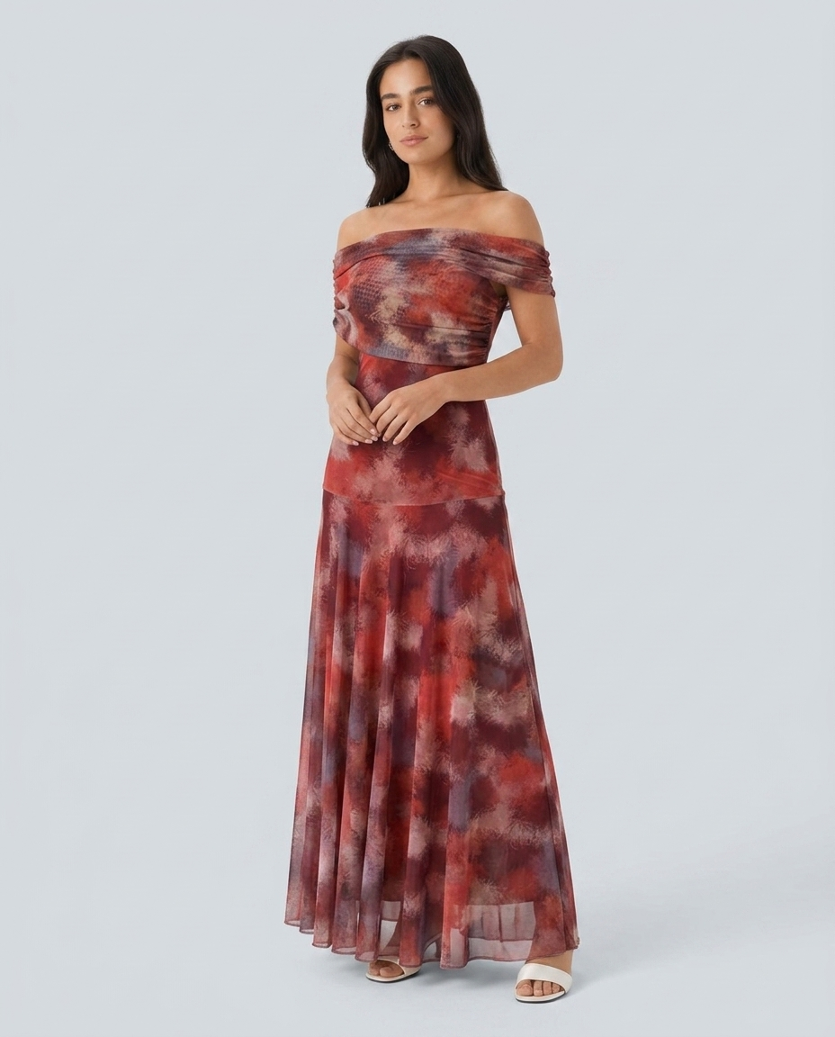 Vestido Largo Hombro Caído Acuarela - modelo AURA PRADO