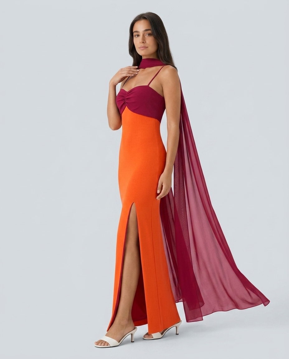 Vestido Largo Drapeado Bicolor - modelo AURA PRADO