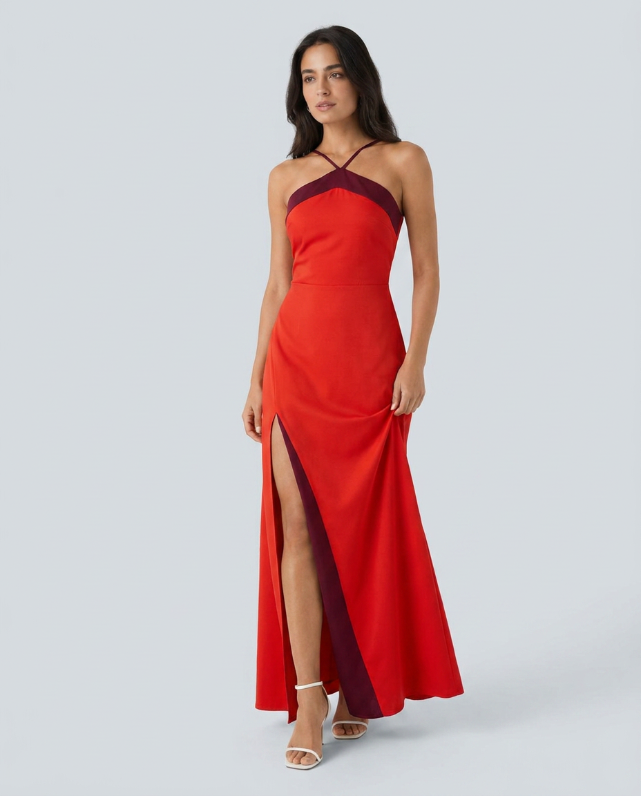 Vestido largo halter con abertura - modelo AURA PRADO