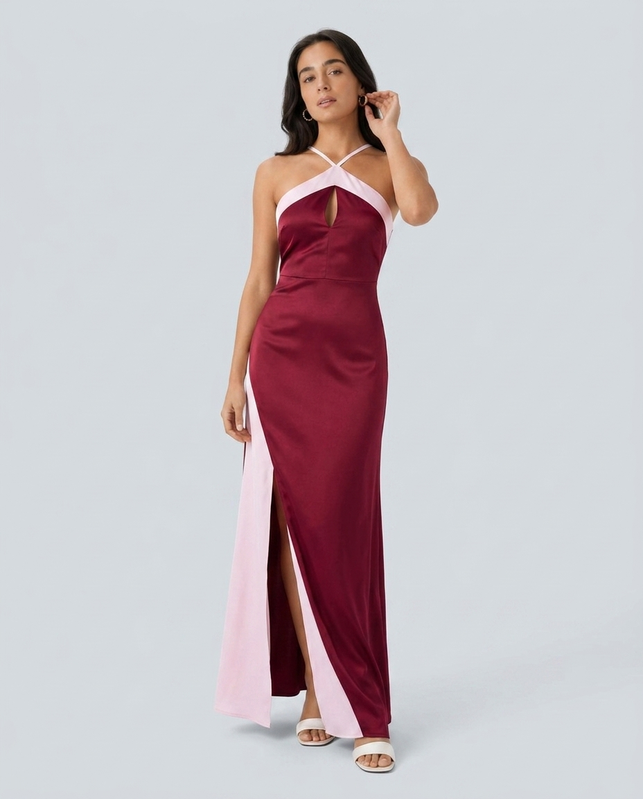 Vestido largo satinado escote cruzado - modelo AURA PRADO