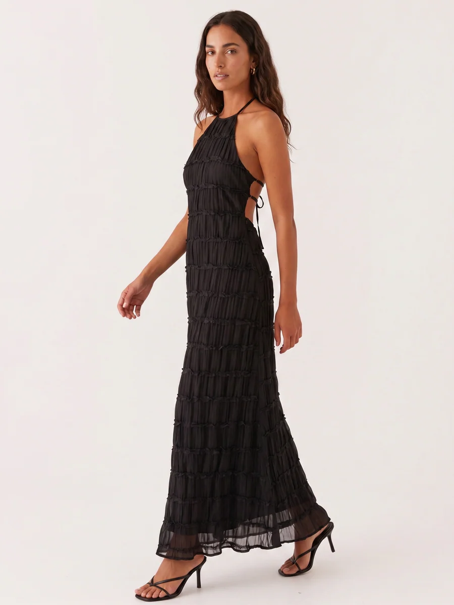 Ángela | Vestido Largo Halter con Volantes Escalonados