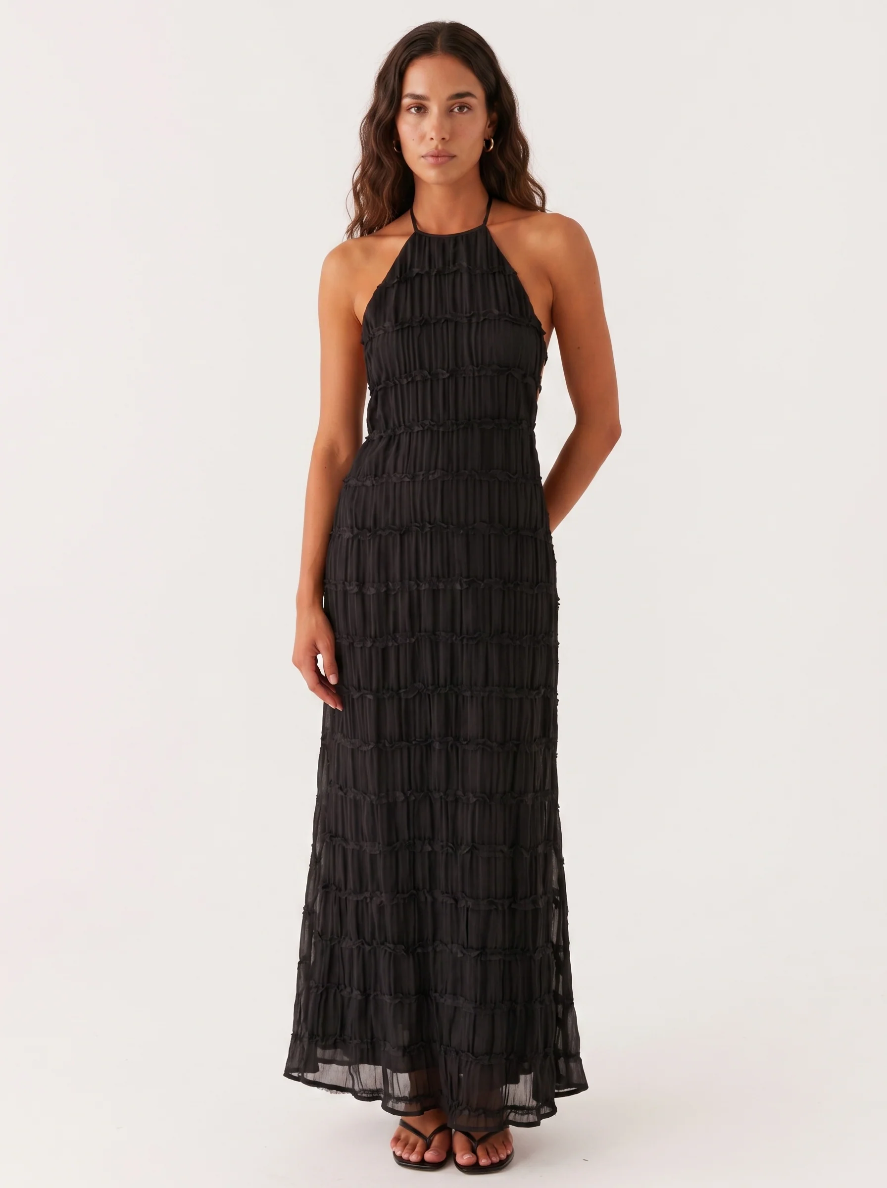 Ángela | Vestido Largo Halter con Volantes Escalonados